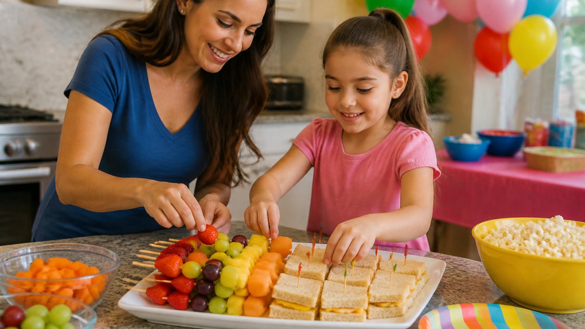 Parent and child preparing healthy fruit skewers and sandwiches for kids parties on a budget in a bright kitchen